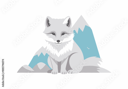 A serene illustration of a fox resting in front of mountains from a frontal viewpoint