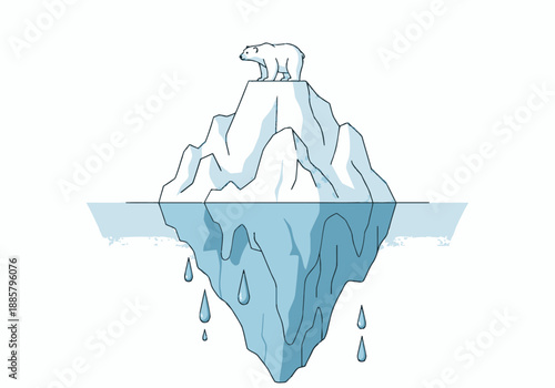 An iceberg with a polar bear on top floating in the ocean with most of its mass underwater
