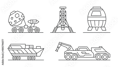 Space Exploration Line Art: Collection of outlined spacecraft and machines for extraterrestrial endeavors, rendered in clean line art.