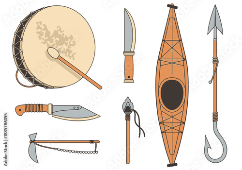 Assorted tribal tools and equipment including drum, kayak, and various weapons on a white background from a straightforward viewpoint