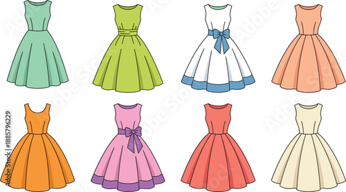 Colorful women dress collection, vintage and modern party gowns, flat vector fashion illustration set, elegant sleeveless flare dresses for designers