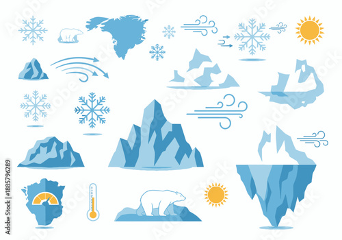 Collection of Climate Change Icons Featuring Mountains, Icebergs, and Weather Elements
