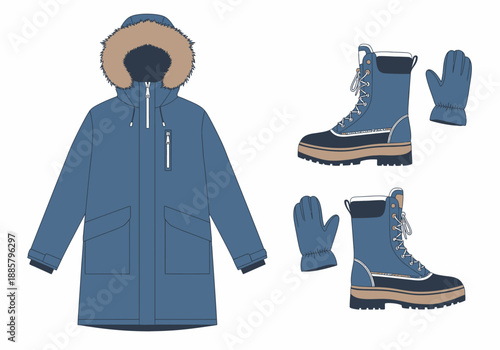 Winter clothing set including parka, boots, and gloves displayed together