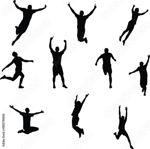 High contrast black silhouettes of multiple people jumping in dynamic poses, isolated on a white background. This concept represents freedom, happiness, success, motivation, energy, teamwork