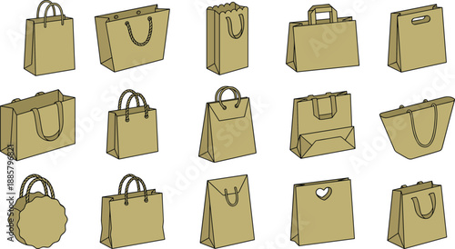 Set of kraft paper shopping bags, multiple shapes and handles, eco friendly retail packaging icons, flat outline vector illustration
