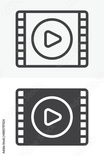 Film strip with play button icon set in line, outline and solid style. Editable stroke vector sign and symbol for video news icon, media player and broadcast icon.