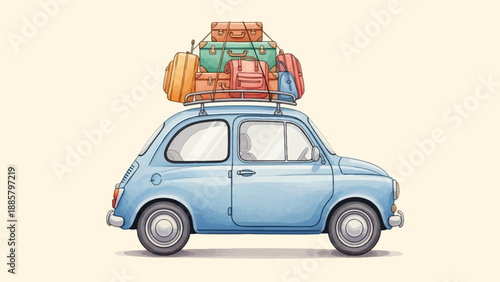 Light blue vintage car loaded with colorful suitcases on roof rack