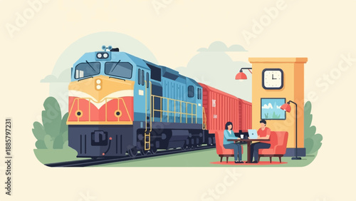 Locomotive passes by people relaxing at a cafe near a station