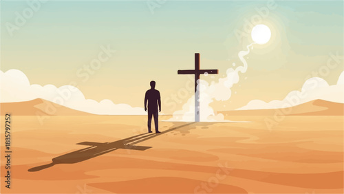 Lone figure gazes at a cross casting a shadow in a vast, sun-drenched desert landscape