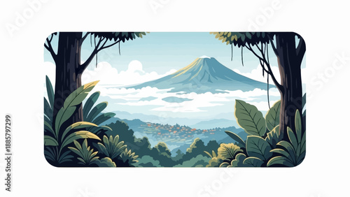 Lush forest frames distant village below misty, snow-capped peak