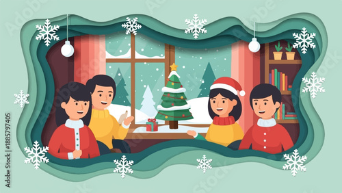 Joyful family gathering indoors during a snowy winter Christmas celebration