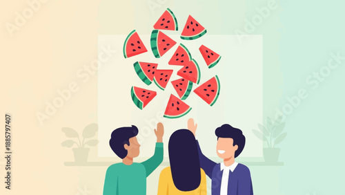 Joyful people celebrating with falling watermelon slices