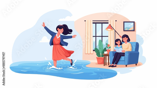 Joyful woman splashing in water outdoors contrasts with cozy indoor reading scene