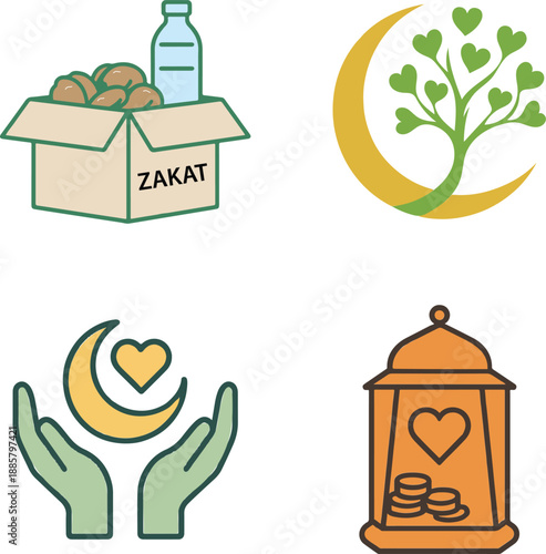 A beautiful collection of Islamic symbols for charity, devotion, and celebration, depicting zakat, crescent moon, and lantern