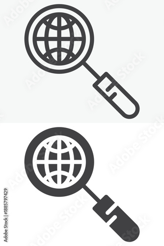 Magnifying glass with globe icon set in line, outline and solid style. Editable stroke vector sign and symbol for global news icon, search and media icon.