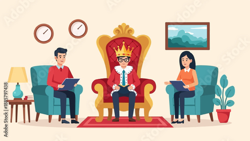 King in throne with advisors, flanked by chairs, clocks, lamp, painting, plant