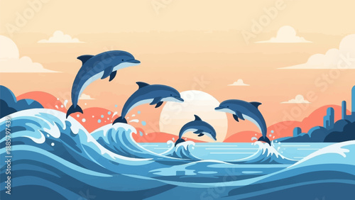 Jumping dolphins create a playful scene in pixelated ocean waves at sunset