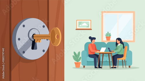 Key in lock and people working on laptops in a room