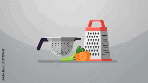 Kitchen tools grater, colander, and fresh vegetables on a gray surface