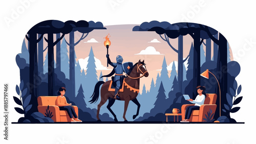 Knight on horse in forest with two people relaxing