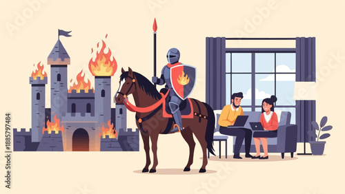 Knight on horseback confronts burning castle while people work indoors