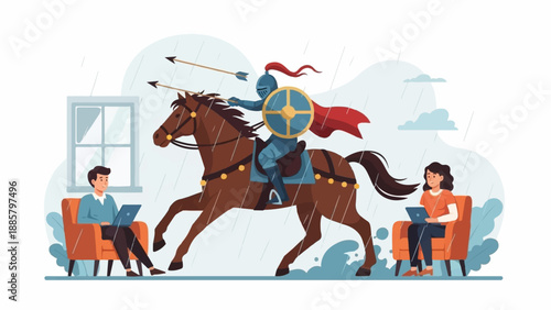 Knight on horseback battles arrows in rain while people use laptops indoors