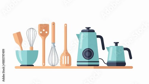 Kitchen utensils and kettles on shelf