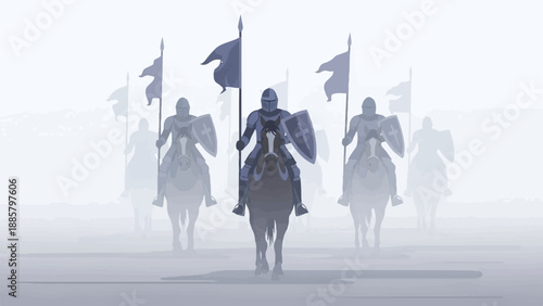 Knights in armor on horseback, carrying banners, advance through a dense, hazy mist