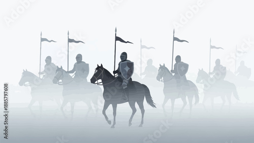 Knights in armor on horseback with flags advance through a misty landscape