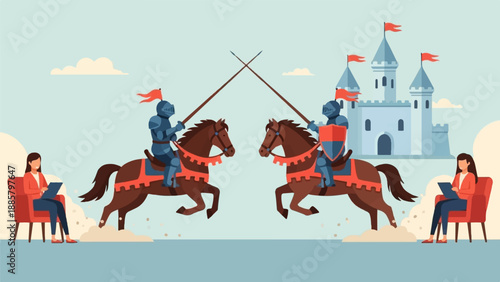 Knights jousting before a castle while women observe