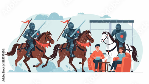 Knights on horseback ride past people relaxing indoors