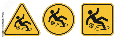 Slippery Surface Warning Sign Vector, Caution Symbol for Ice and Snow Hazards Featuring a Falling Person Silhouette for Winter Safety and Accident Prevention