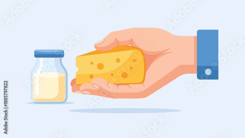 Hand holds cheese wedge next to a small bottle of milk