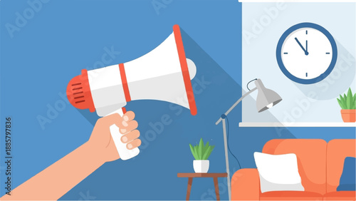 Hand holds megaphone in a room with sofa, lamp, clock, and plants