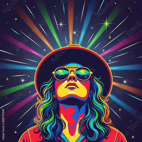Vibrant psychedelic portrait of a person with rainbow-colored hair