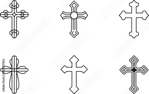 Christian Cross Line Icons Set. Religious Symbol Outline Vector Collection