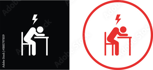Office burnout stress icon showing exhausted worker at desk warning symbol for overwork mental health flat vector design