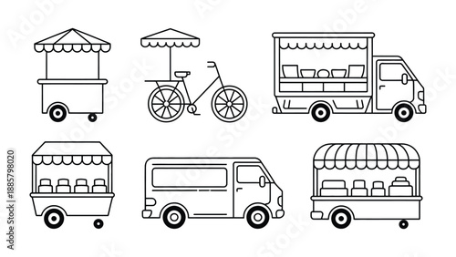 Street Food Vendors in Silhouette: A collection of diverse street food vendors, depicted in stark silhouette, each offering a unique mobile dining experience. 