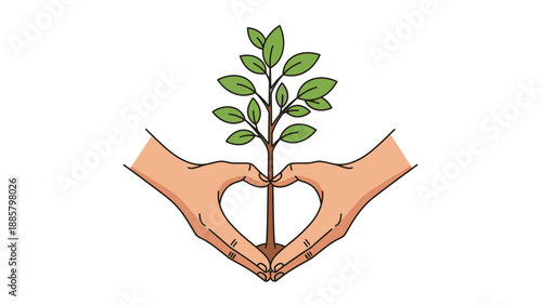 Illustration of two hands cradling a small plant with green leaves against a white background, conveying care and nurturing.