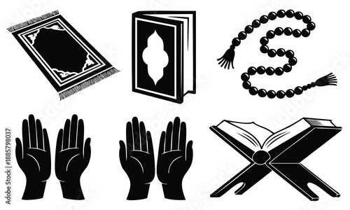 Islamic prayer essentials set bundle Ramadan silhouette illustration