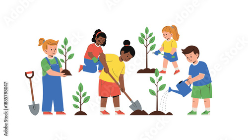 Illustration of diverse children and woman planting trees together in a colorful flat lay with green and earthy tones against a clean white background.