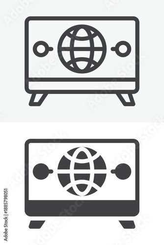 TV screen with globe news icon set in line, outline and solid style. Editable stroke vector sign and symbol for international news icon and global media icon.