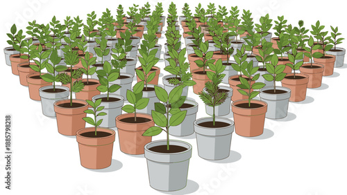 Rows of small potted plants with green leaves arranged on a plain white background, varying in pot color.