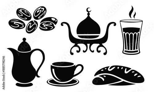 Ramadan food coffee tea dates bread teapot cup serving tray icons