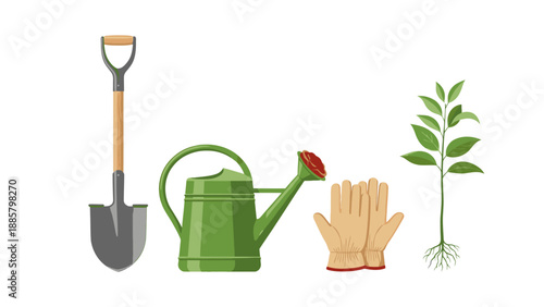 Flat lay of gardening tools and plant on a white background including a shovel, watering can, glove, and seedling.