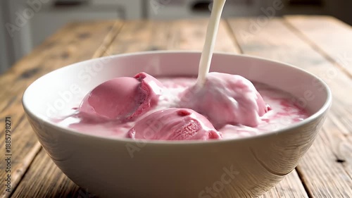 Close Up of Pink Ice Cream Scoops in White Bowl With Cream Being Poured Over It On A Wooden Table
