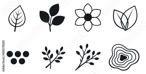 Hand drawn botanical icon set featuring leaves, flowers, branches, berries, and organic shapes for nature-themed designs
