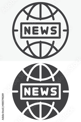World globe with news banner icon set in line, outline and solid style. Editable stroke vector sign and symbol for headline news icon, international media icon.