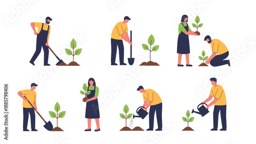 Illustration of people planting trees in various stages with shovels and watering cans against a clean white background.