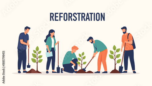 Illustration of diverse group of people planting trees and seedlings in a reforestation effort with a simple, flat design style.